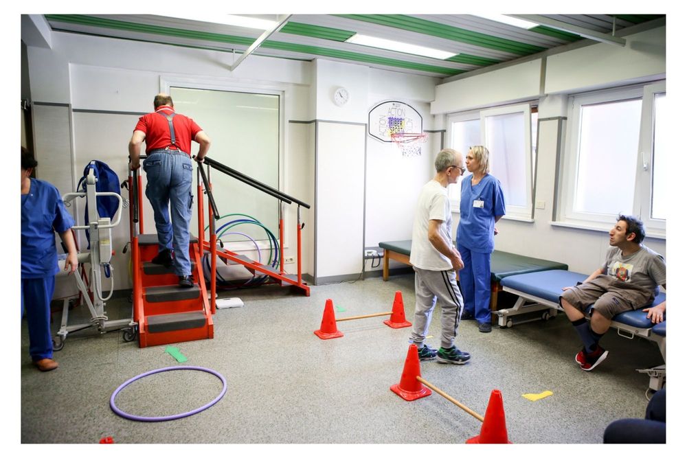 A sequence of indoor fitness training exercises being performed with cones and agility equipment in a gym space.