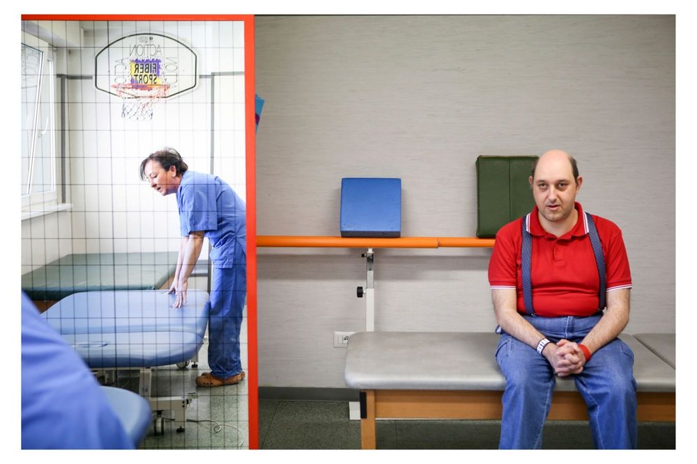 A series of medical waiting room photos showing benches, chairs, and examination tables in clinical settings.