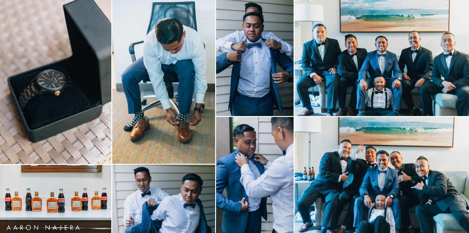 Wedding day preparation collage showing details of suits, rings, and getting ready moments.