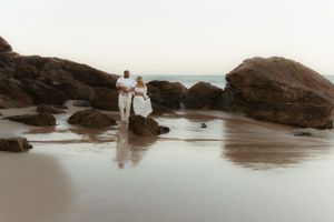 A series of sepia-toned beach photos showing figures walking among rocky coastal formations at sunset.