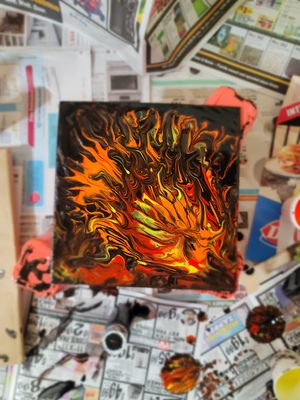 Intense abstract painting depicting flames and fire in orange and yellow against a dark background.
