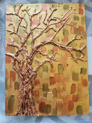 Textured painting of a bare tree with thick branches against an autumn-colored background.