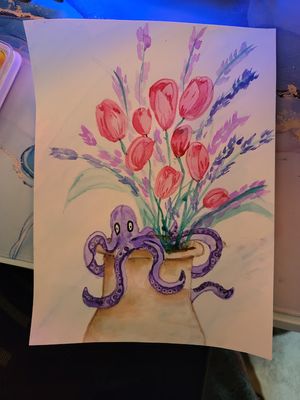 Watercolor painting of red tulips and purple lavender in a vase with purple octopus tentacles wrapped around it.