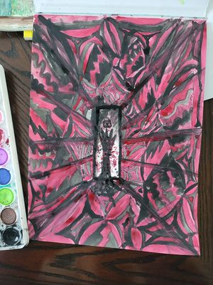 Abstract painting featuring a dramatic black and pink pattern with a central rectangular element.
