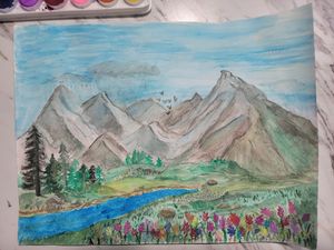 Watercolor mountain landscape with evergreen trees and a blue river flowing through a valley.