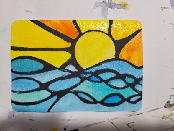 Abstract sunset painting with a bright yellow sun and flowing blue waves in bold geometric style.