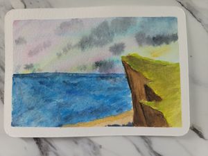 Coastal landscape watercolor featuring a dramatic cliff overlooking blue ocean under stormy skies.