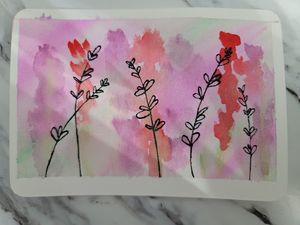 Delicate watercolor illustration of red and pink floral stems against a soft pink background.