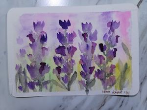 Delicate watercolor painting of purple lavender flowers with green stems against a white background.