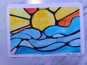Abstract watercolor painting of a sunset over ocean waves with geometric black lines.