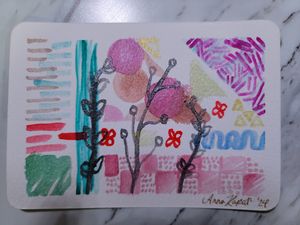 Whimsical mixed media artwork with pink flowers and abstract geometric patterns.