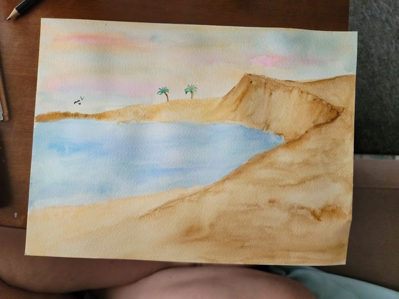 Watercolor painting of a serene coastal landscape with palm trees along a sandy cliff.
