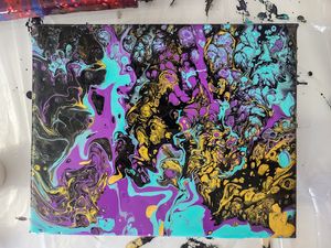 Abstract pour painting featuring swirls of turquoise, purple, and gold on white background.