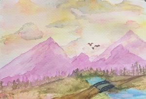 Watercolor painting of pink mountains with birds flying, a teal river, bridge, and trees under a soft yellow sky.