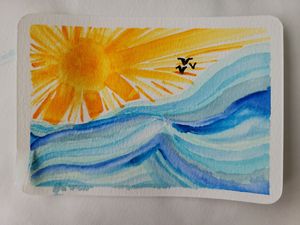 Watercolor painting of ocean waves under bright yellow sun with small bird silhouette.