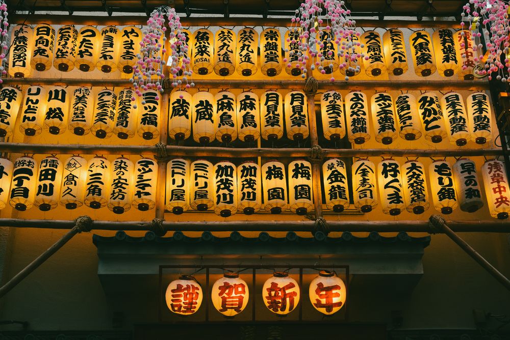 Row of traditional Japanese paper lanterns illuminated at night.