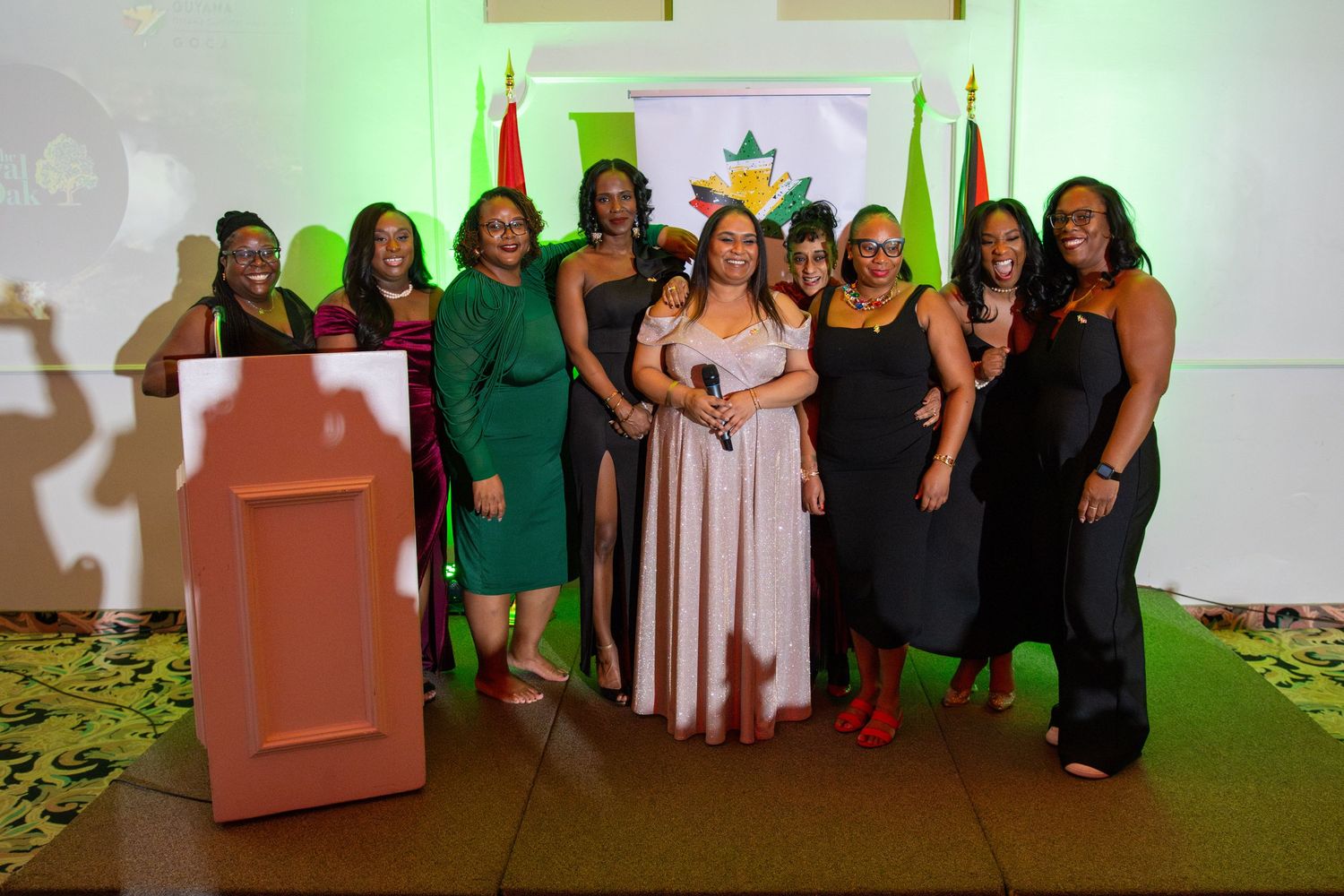 A celebratory group photo at a formal event with people wearing elegant dresses in green, black and pink colors.