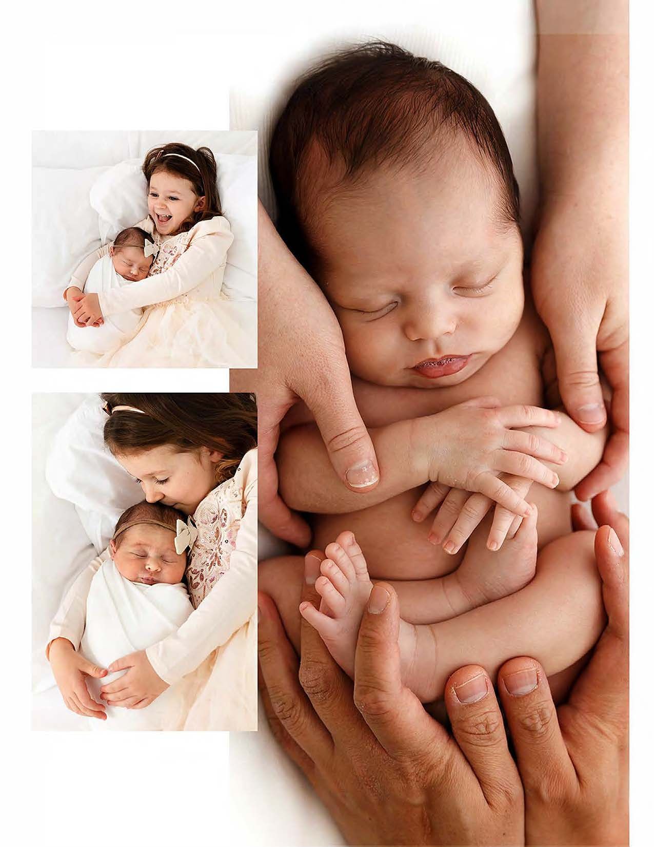Tender newborn photography session showing gentle cradling and nurturing moments on soft white bedding.