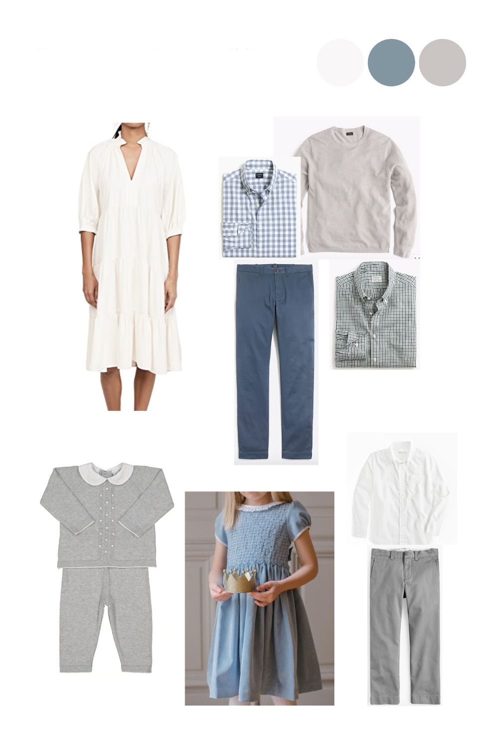 Fashion mood board featuring casual clothing items in white, blue and gray including dresses, shirts, sweaters and pants.