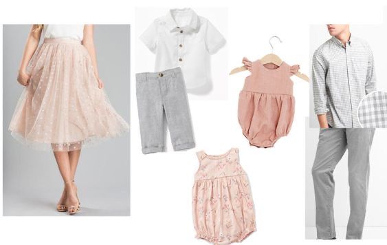 Soft pink and gray coordinated family clothing collection featuring skirts, rompers, and matching pants and tops.