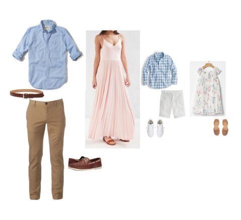 Spring wedding attire collection featuring chambray shirt, khaki pants, pink gown, plaid shirt, white shorts, floral dress and accessories.