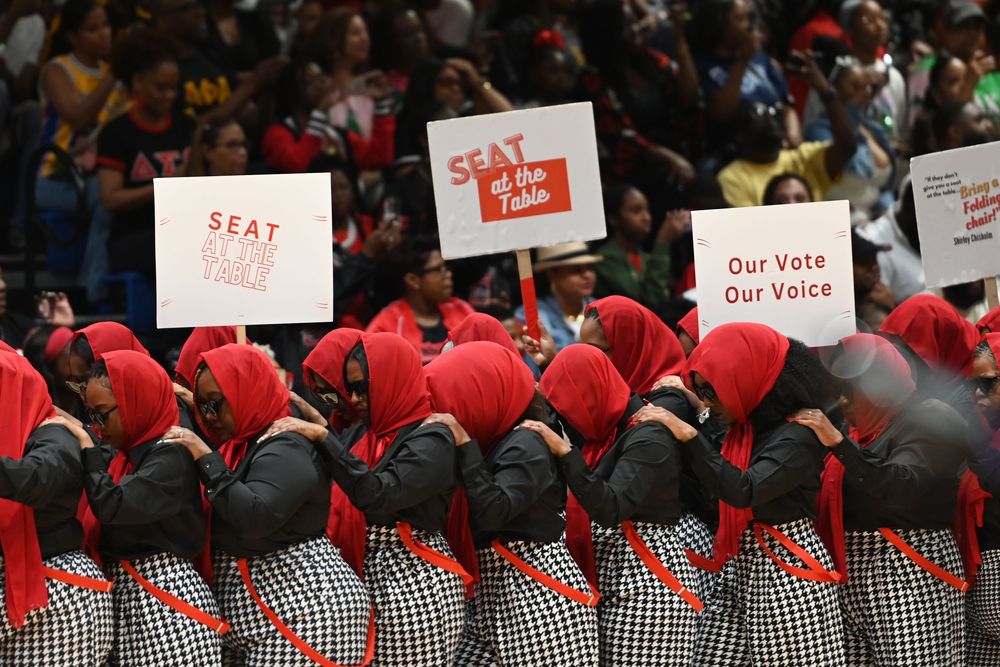 Protesters wearing red shirts and checkered outfits hold signs reading 'Seat Him' and 'Our Vote Our Voice' at a demonstration.