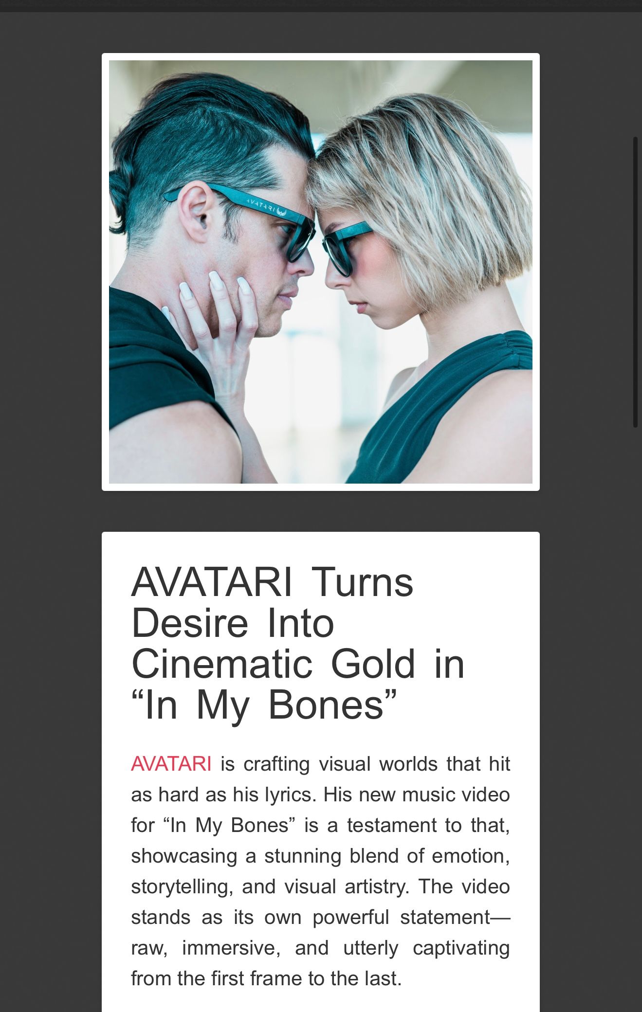 Music video promotion showing artistic silhouettes and text describing AVATARI's visual storytelling.