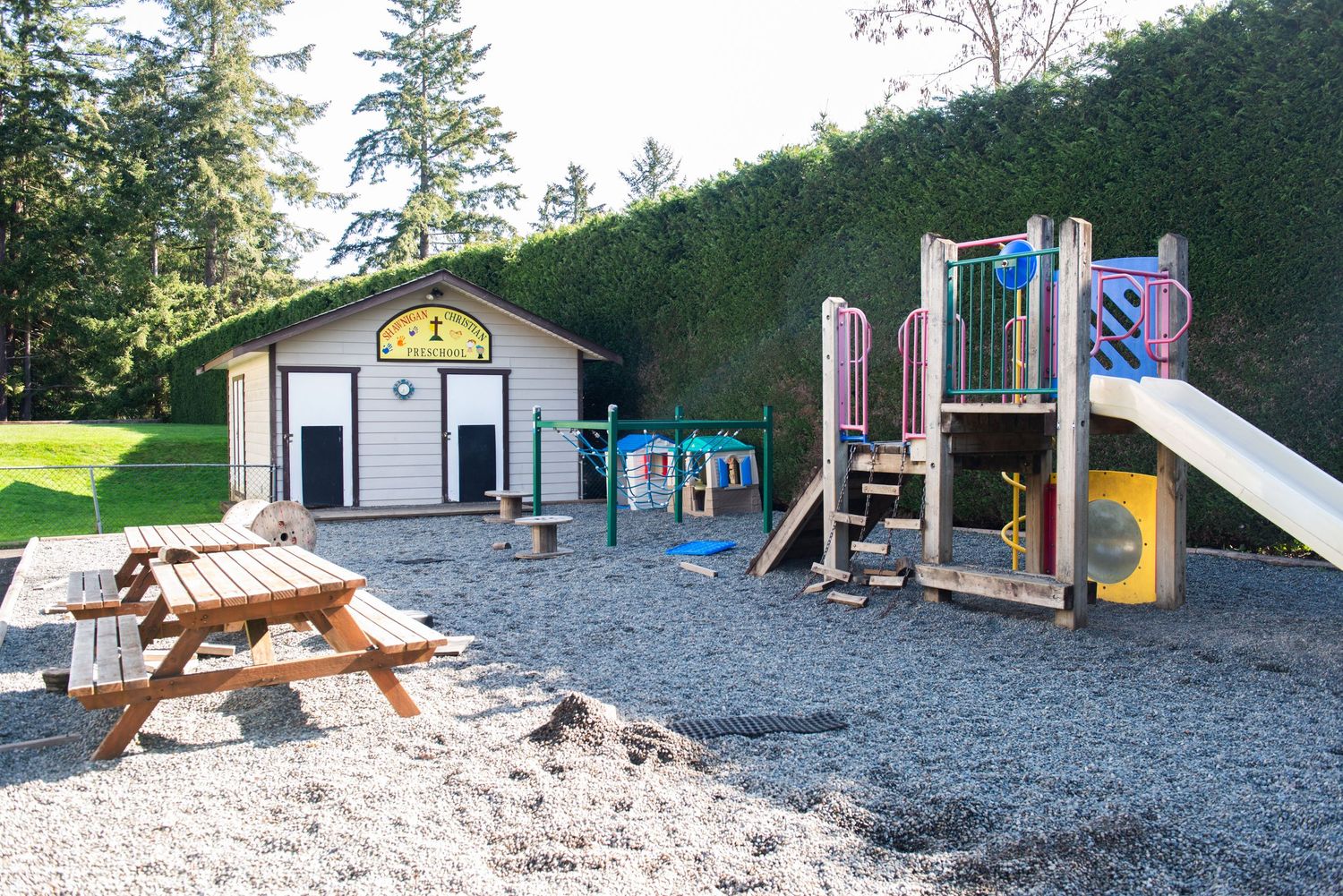 Christian Preschool at Shawnigan Alliance Church.  Shawnigan Christian Preschool  Outside play area for mid-week and Sunday mornings