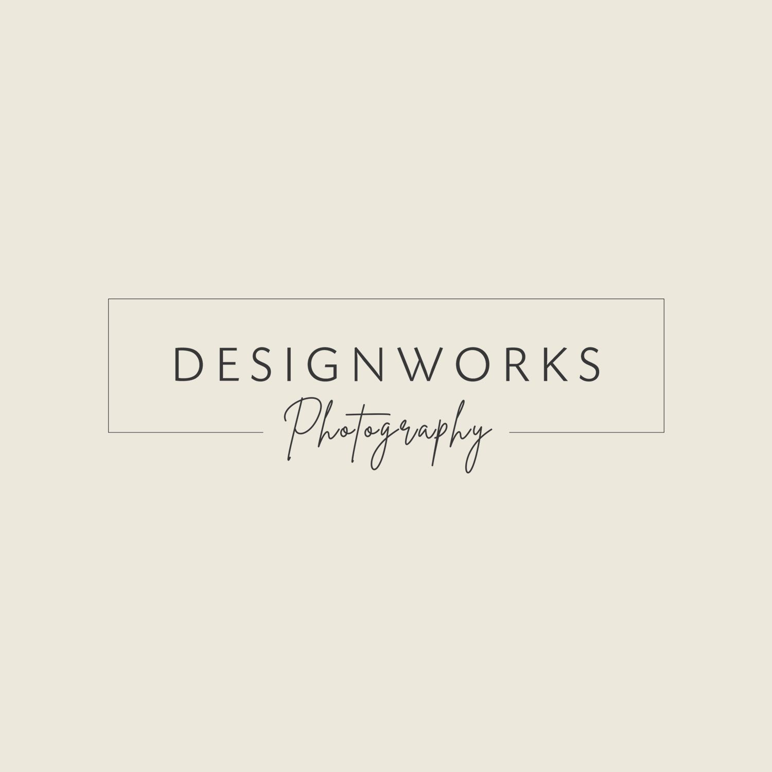 Elegant photography logo design with minimalist text and framing on beige background.
