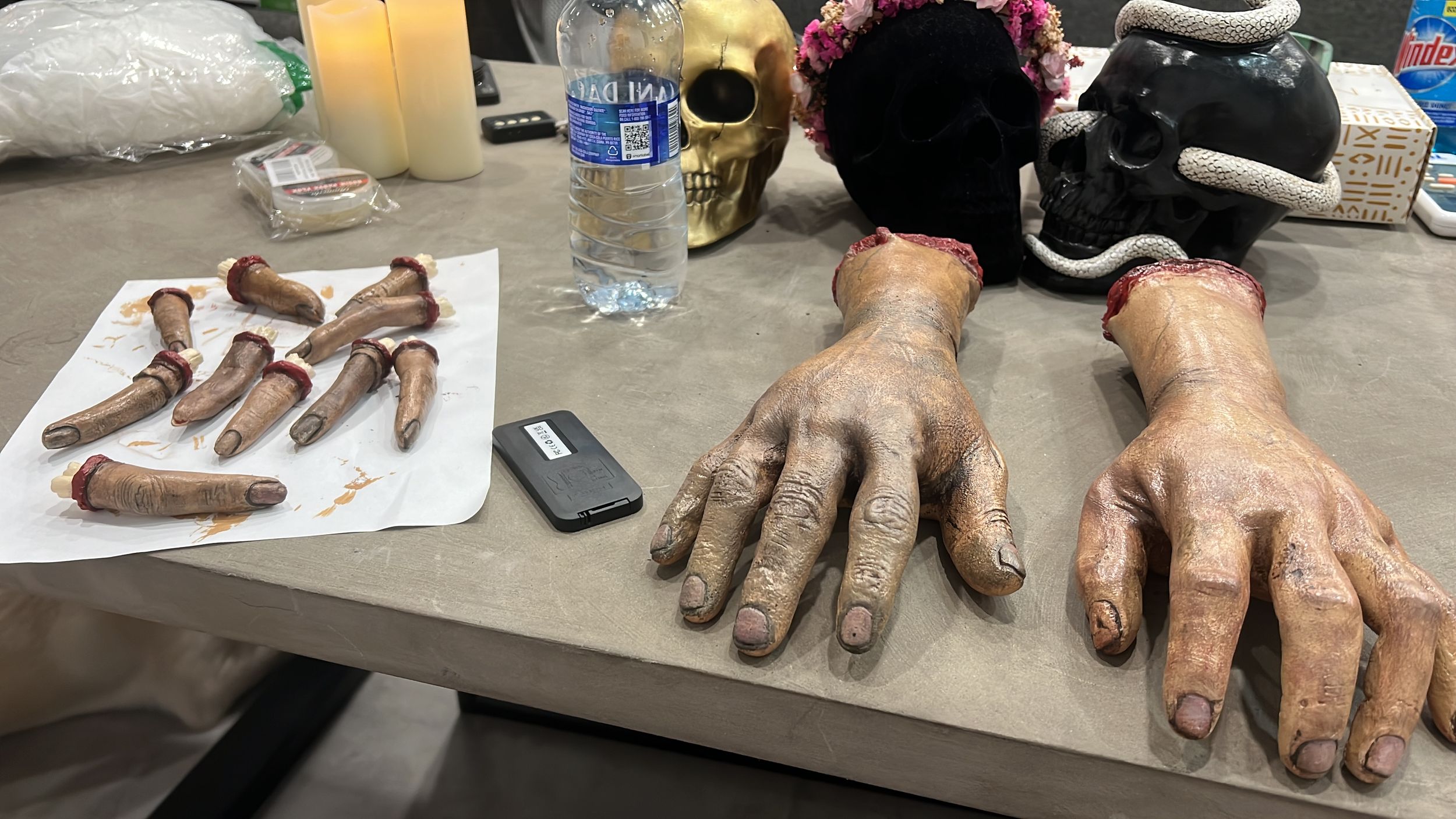 fingers hands painted to look dead props horror movie.