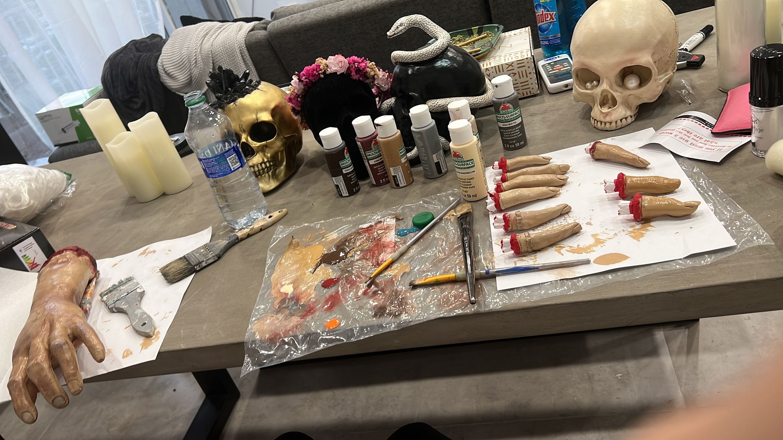 fingers hands painted to look dead props horror movie.