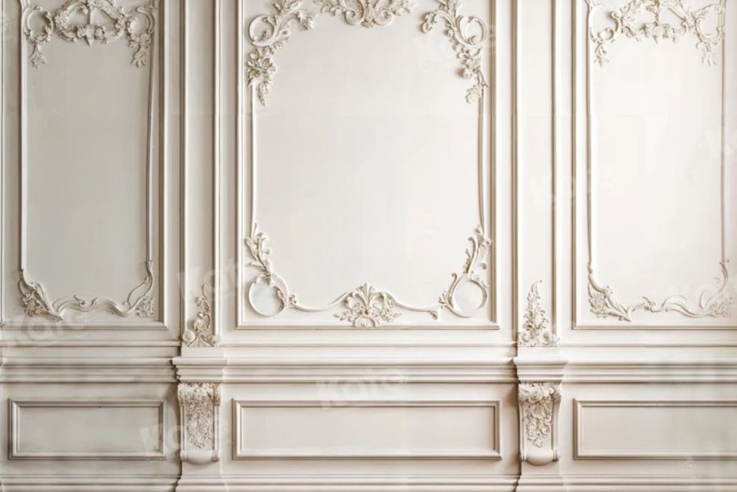 Decadent antique white wall fabric photoshoot backdrop.