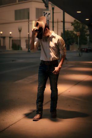A person in jeans and boots poses under dramatic street lighting at night.