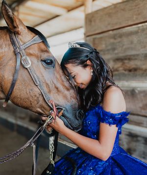 A touching moment between a person in a blue dress and a brown horse inside a rustic barn setting.