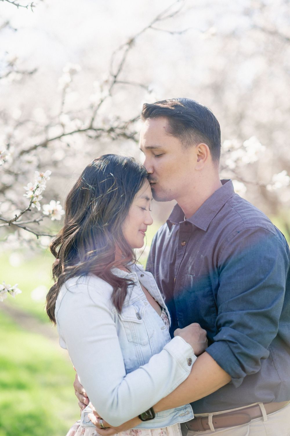 A romantic moment captured between a couple beneath flowering cherry blossoms on a sunny spring day.