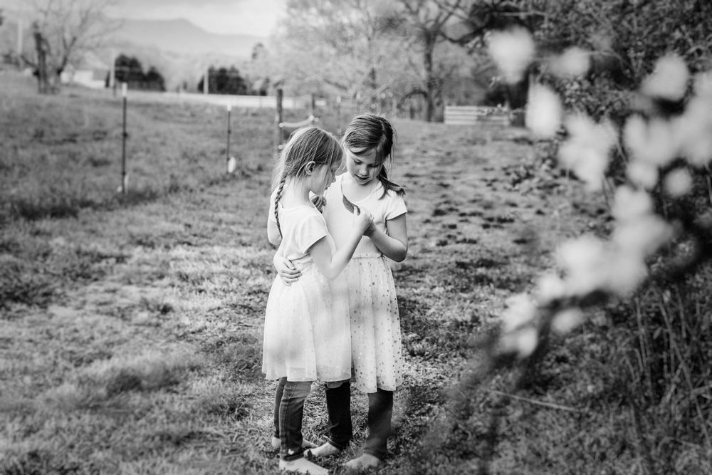 Black and white photo of two little girls on a farm taken for a family portrait session in East Tennessee