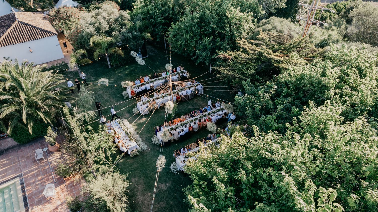 Aerial shot of outdoor wedding reception tables arranged under lush green trees.
