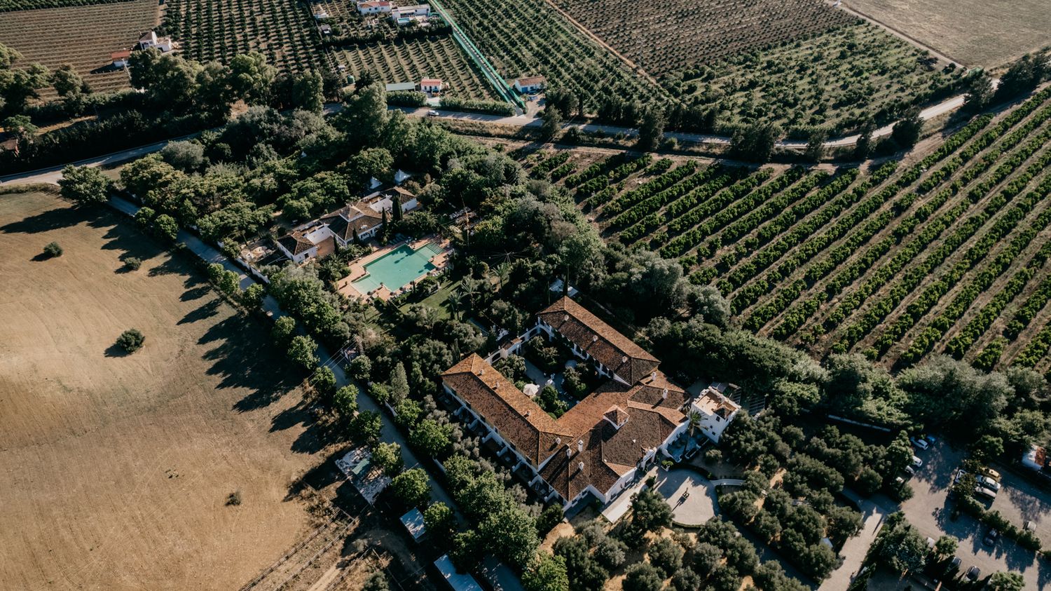 Aerial view of Mediterranean villa estate with swimming pool surrounded by orchards.