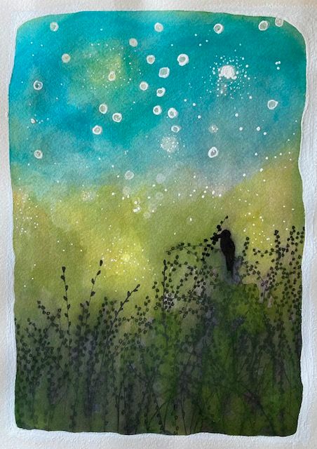 Watercolor progression of a starry night sky over dark silhouetted wildflowers.