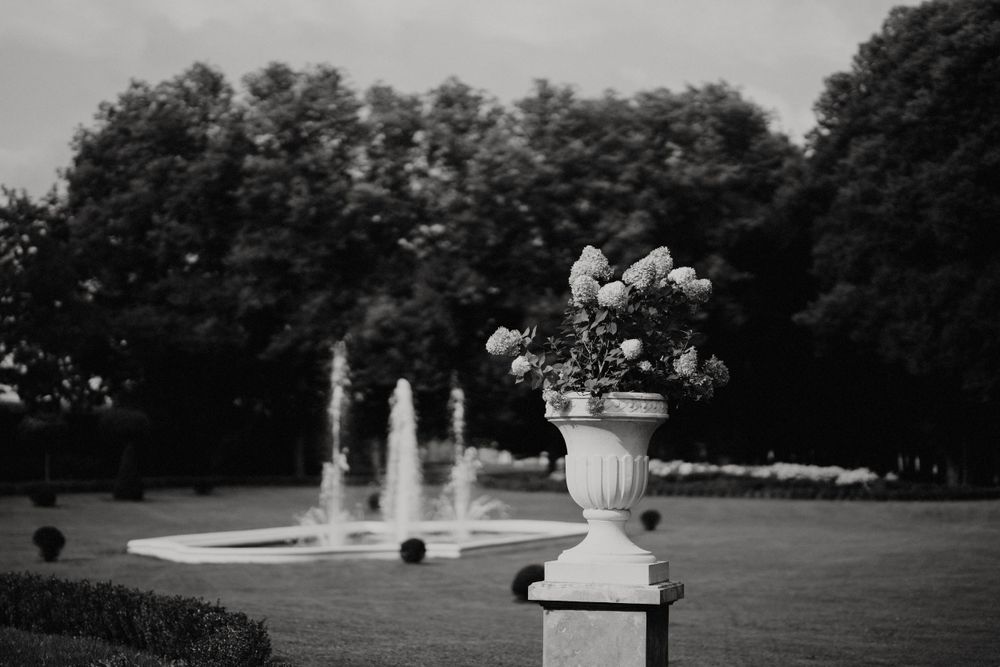 Panoramic view of formal gardens with fountains and landscaping in black and white.