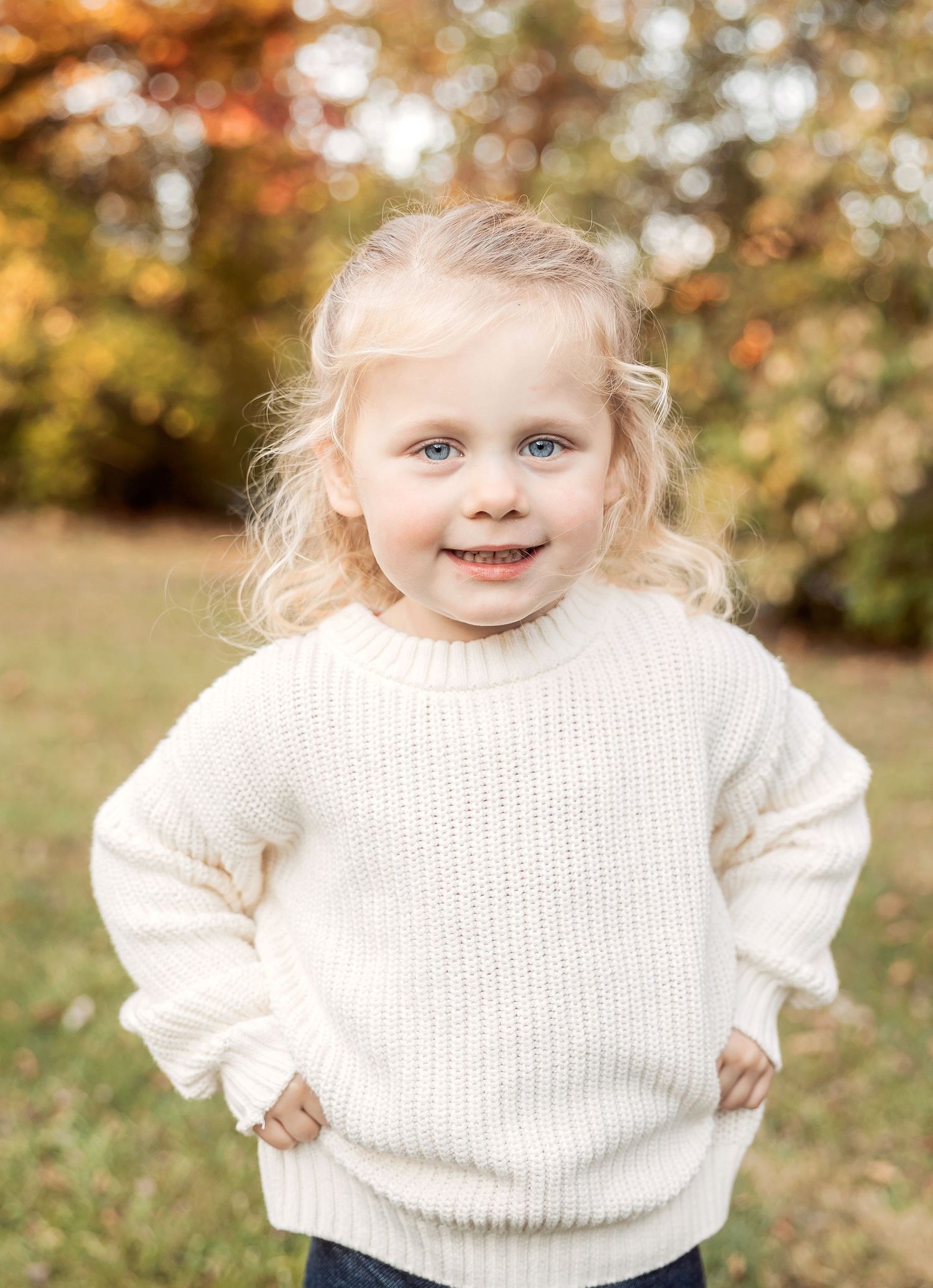 A young child in a cream sweater poses outdoors against autumn foliage. Michigan Detroit Novi Northville Portrait Photographer