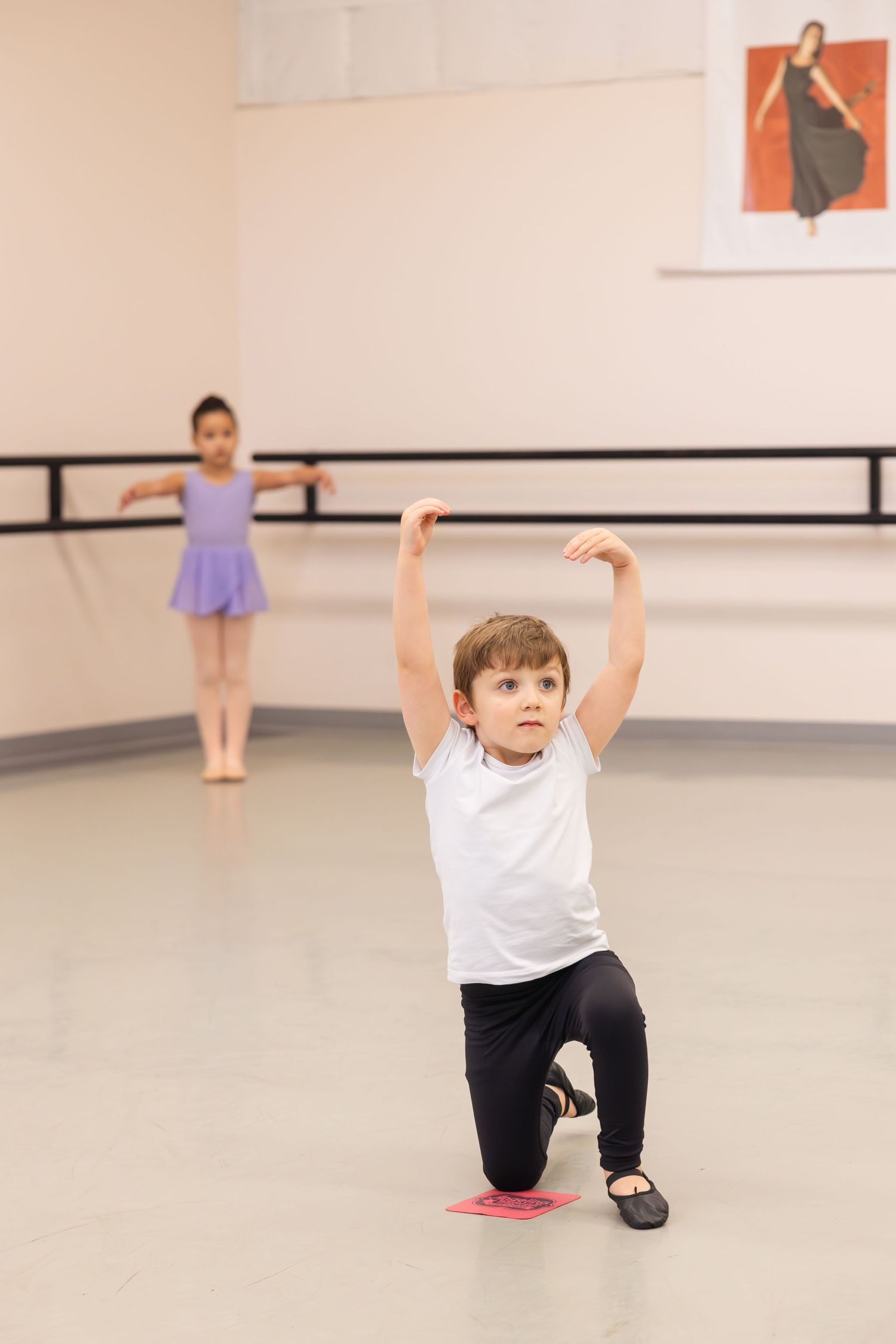 Young dancers practice ballet poses in a dance studio with mirrors and barres on the wall.