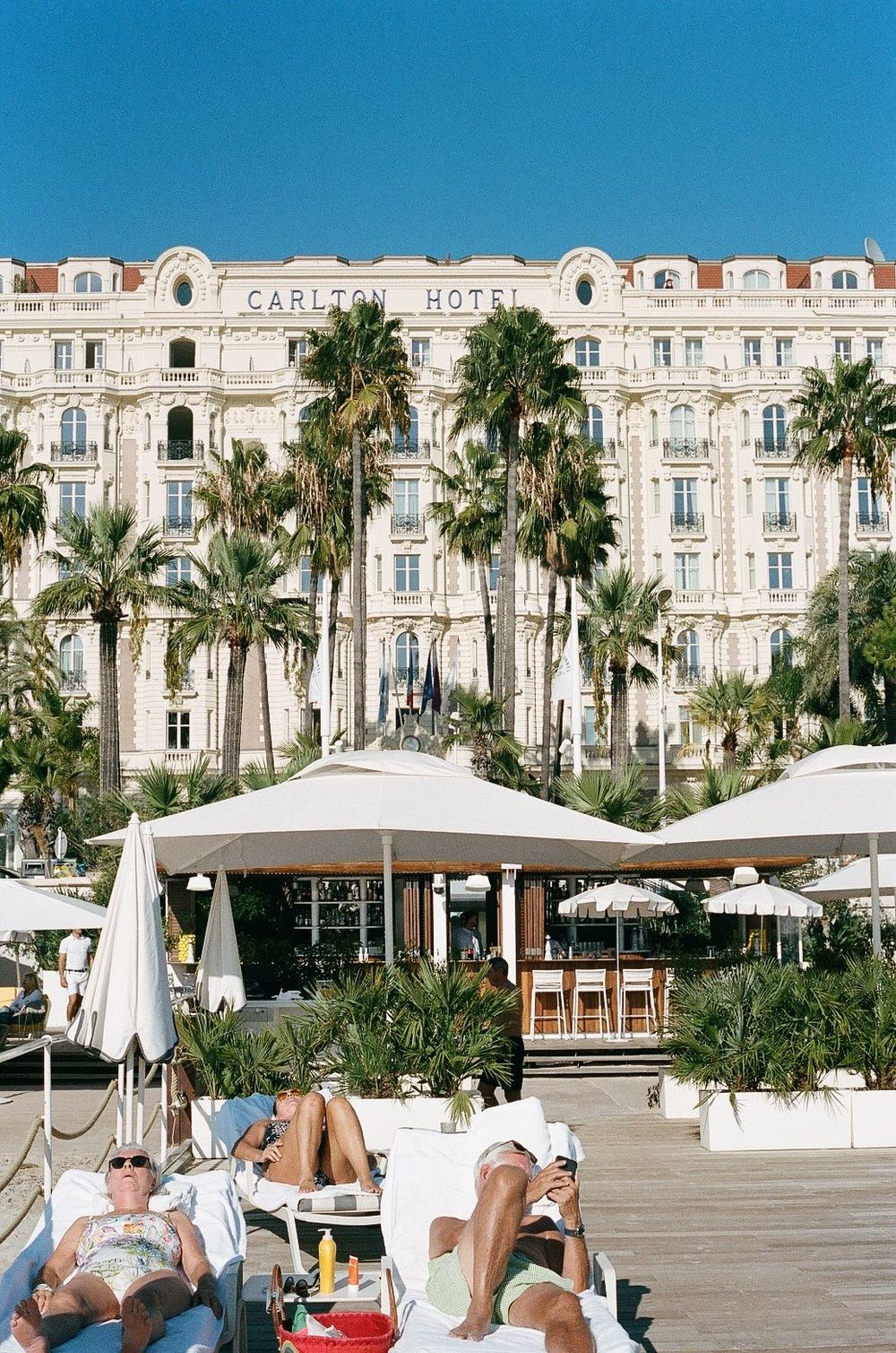 The luxurious Carlton Hotel facade with palm trees and beachfront loungers in Cannes, France.