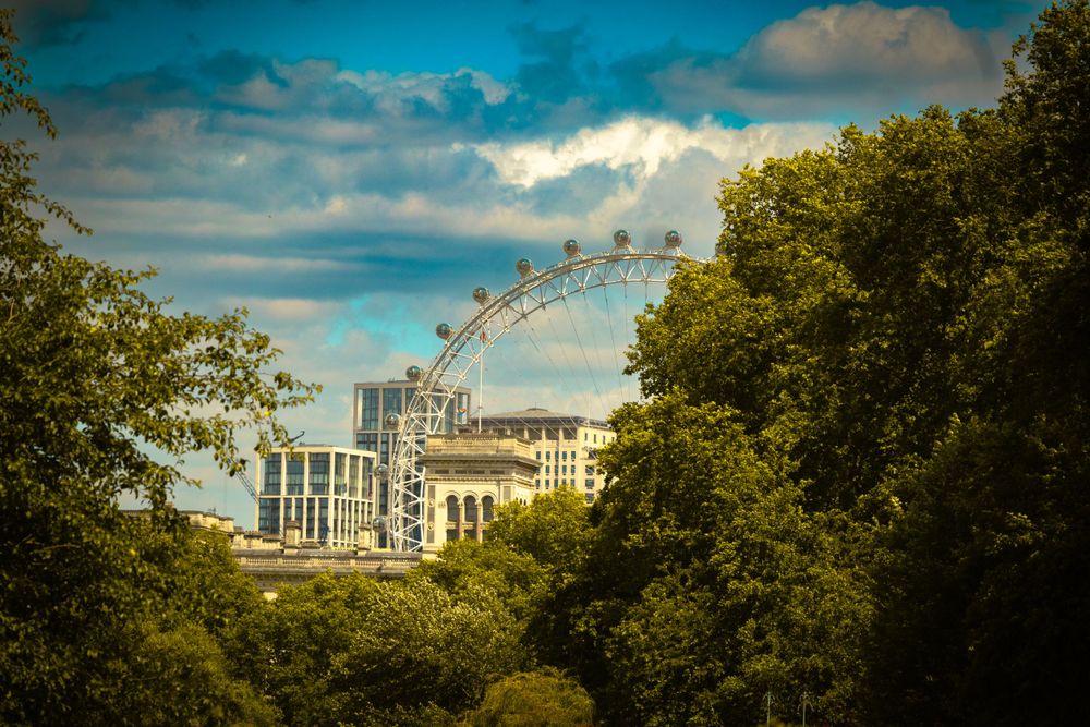 London Eye ferris wheel visible through trees against vibrant blue sky.