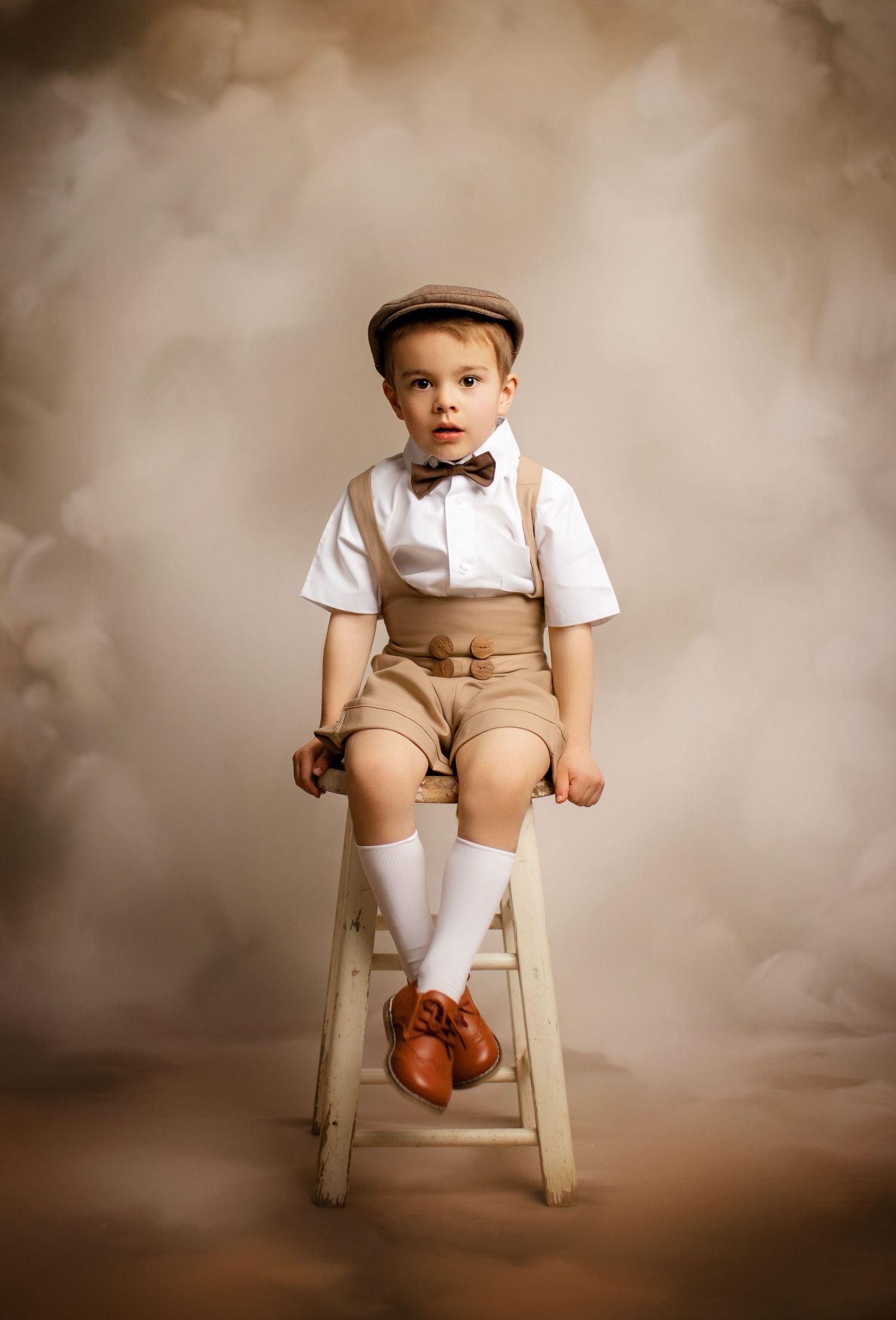A vintage-style portrait of a young child in a newsboy cap, bow tie and suspenders sitting on a tall wooden stool.