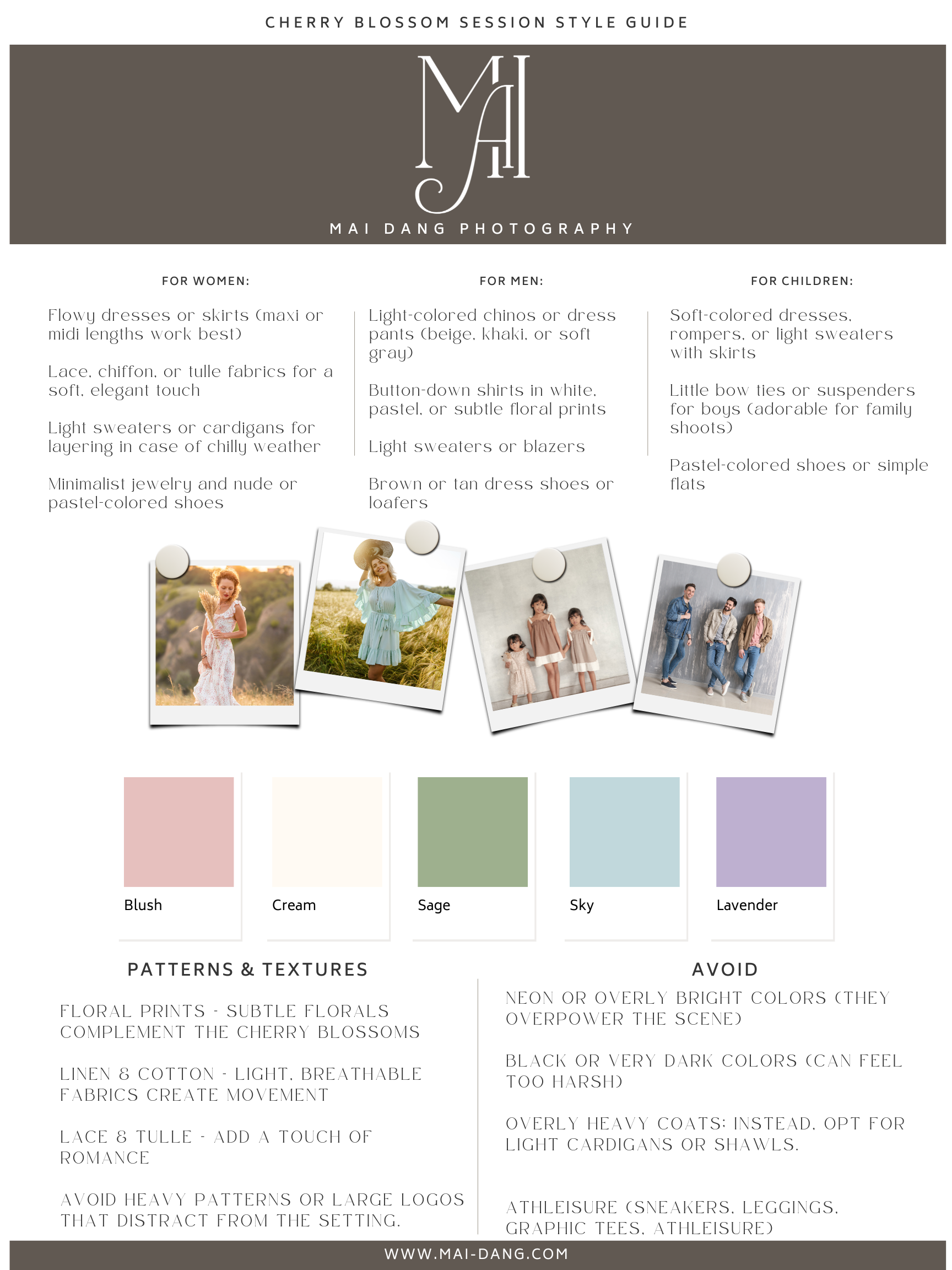 Vintage-inspired style guide showing pastel color swatches in blush, sage, sky blue and lavender with clothing coordination tips.