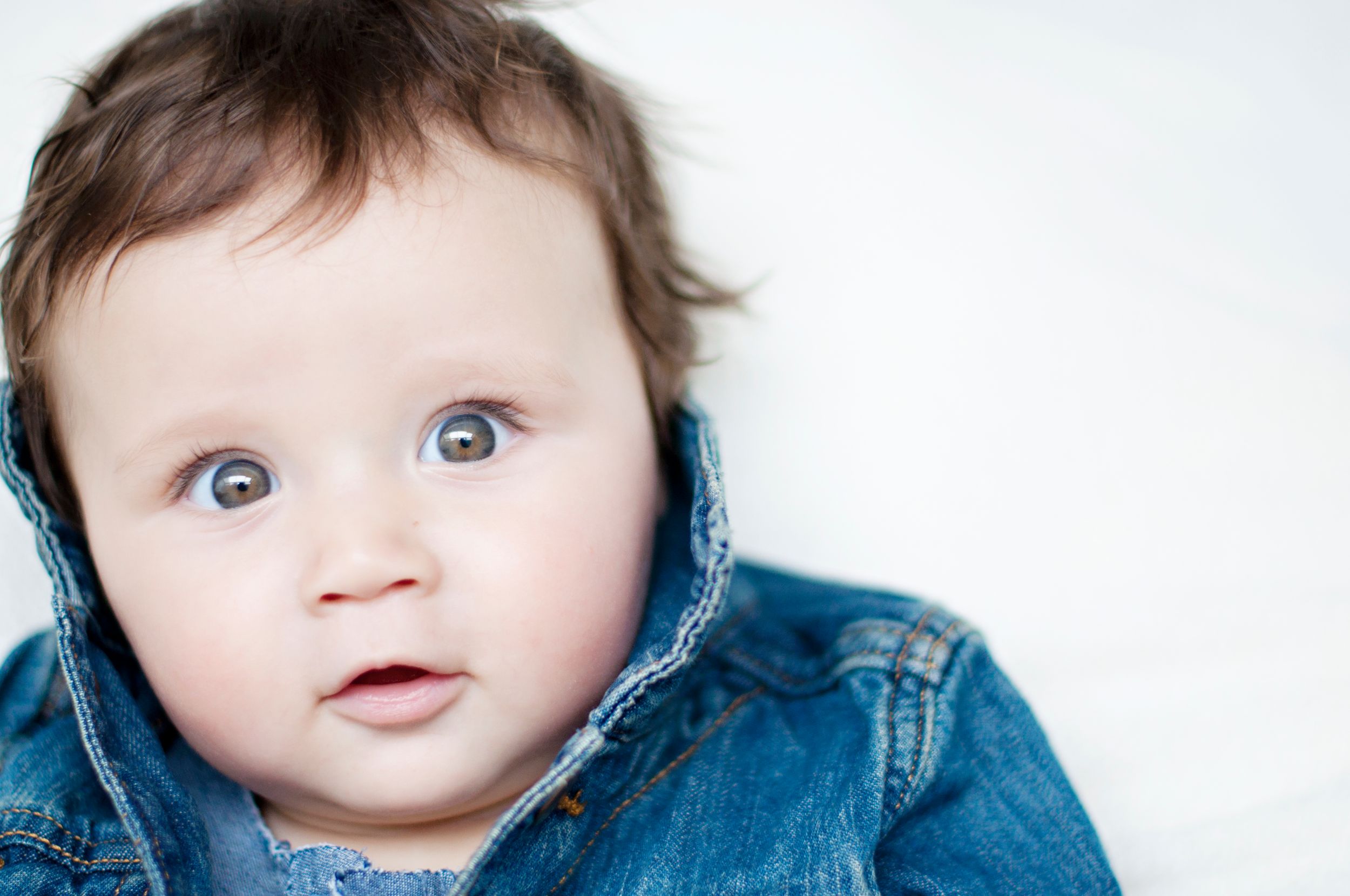 Wide-eyed baby wearing a denim jacket on a white background, taken by Phoebe Lee Photo in Toronto