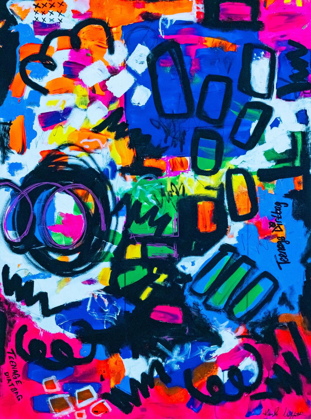 Vibrant abstract painting with bold neon colors, black outlines, geometric shapes, and graffiti-style elements on a blue background.