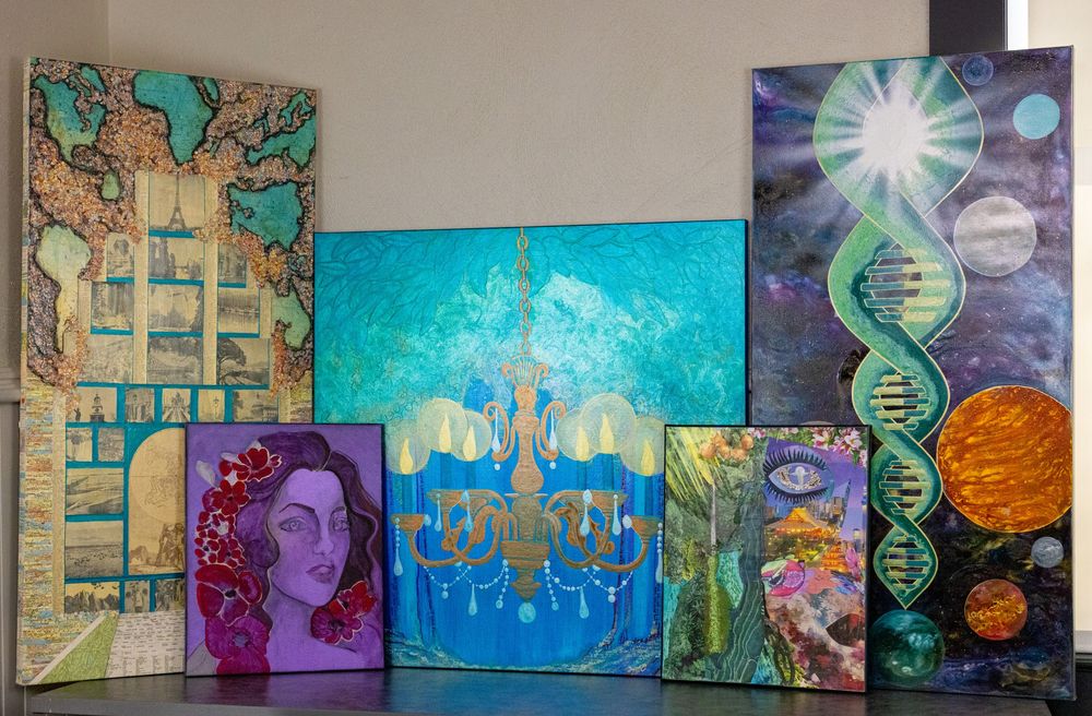 A colorful collection of mixed-media paintings displayed together, featuring abstract art, a portrait, DNA helix, and cosmic themes.