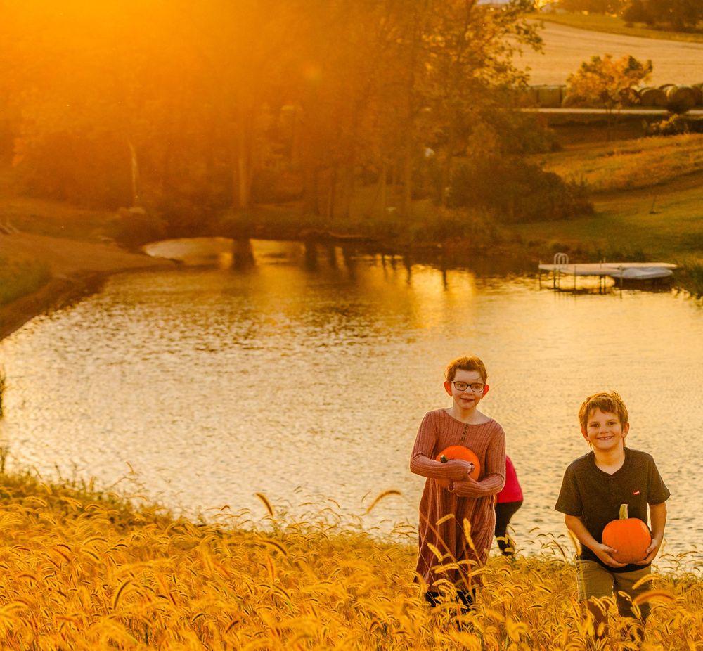 Two figures stand near a serene lake at sunset with a golden glow illuminating the surrounding landscape.